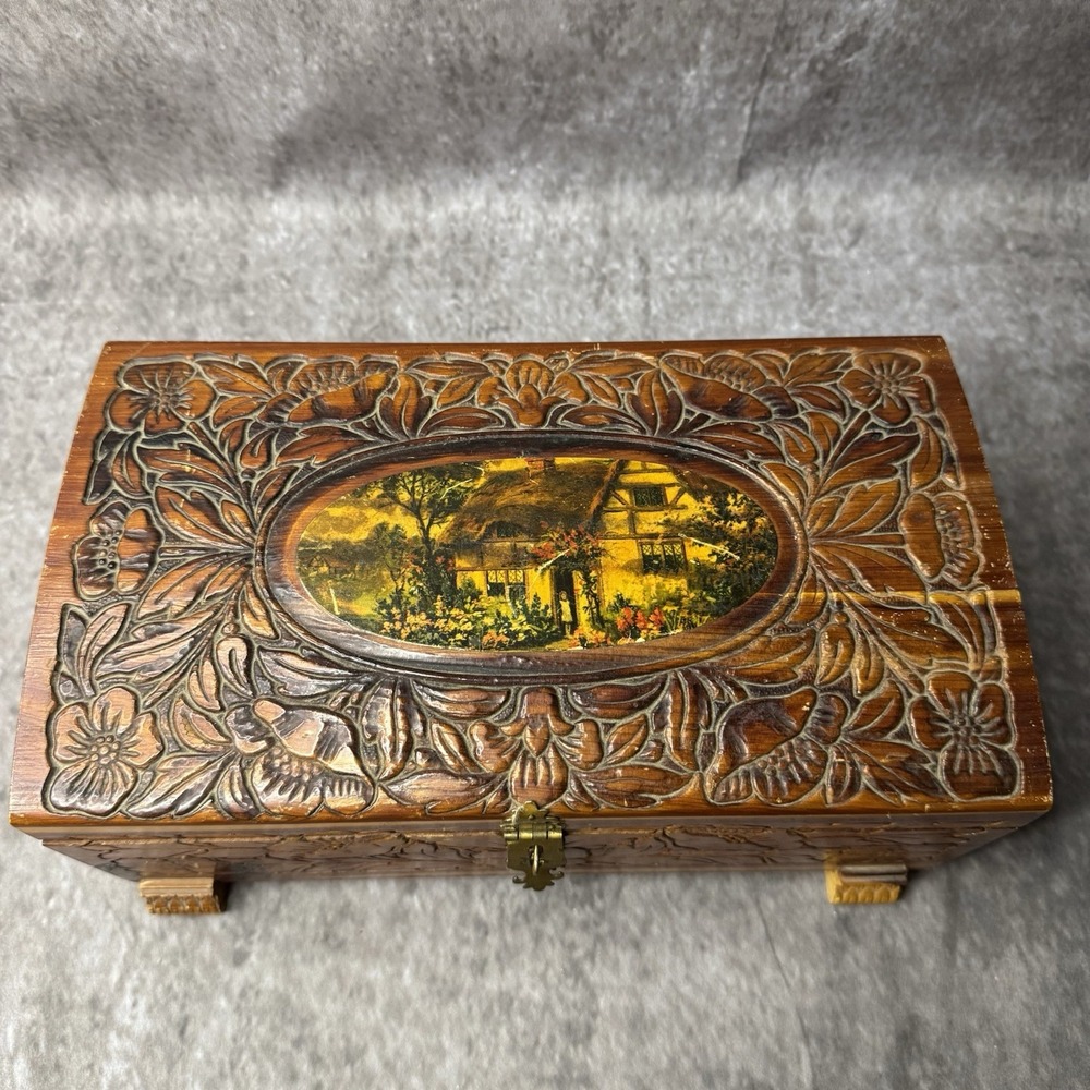 Vintage Hand Carved Cedar Chest Mirror Jewelry or Trinket Box Cottage Scene